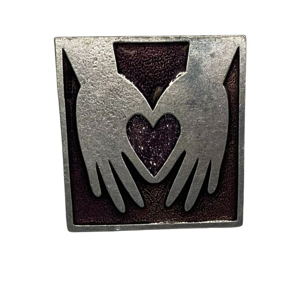 Vintage Signed Gail Ahlers Designs USA Hands and Heart Purple Pewter Pin Brooch - Picture 1 of 5